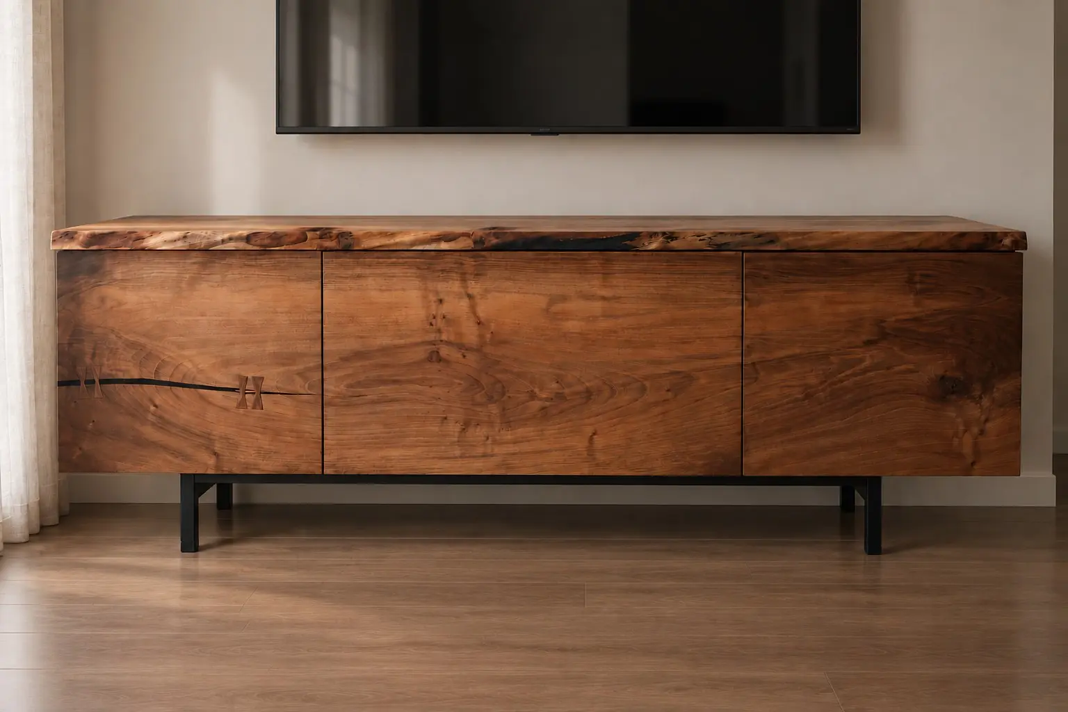 Mueble bajo a medida en nogal español con tres frentes, tapa de borde natural y base metálica