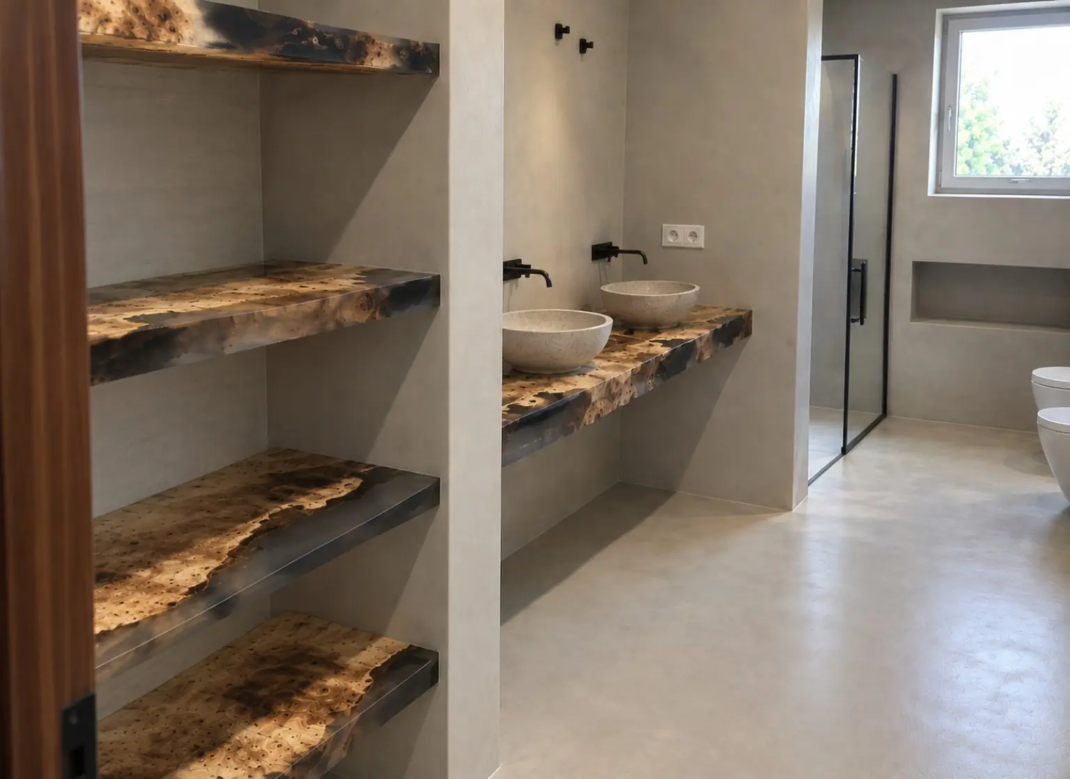 Baño a medida con encimera de dos lavabos y estantes realizados en chopo y resina